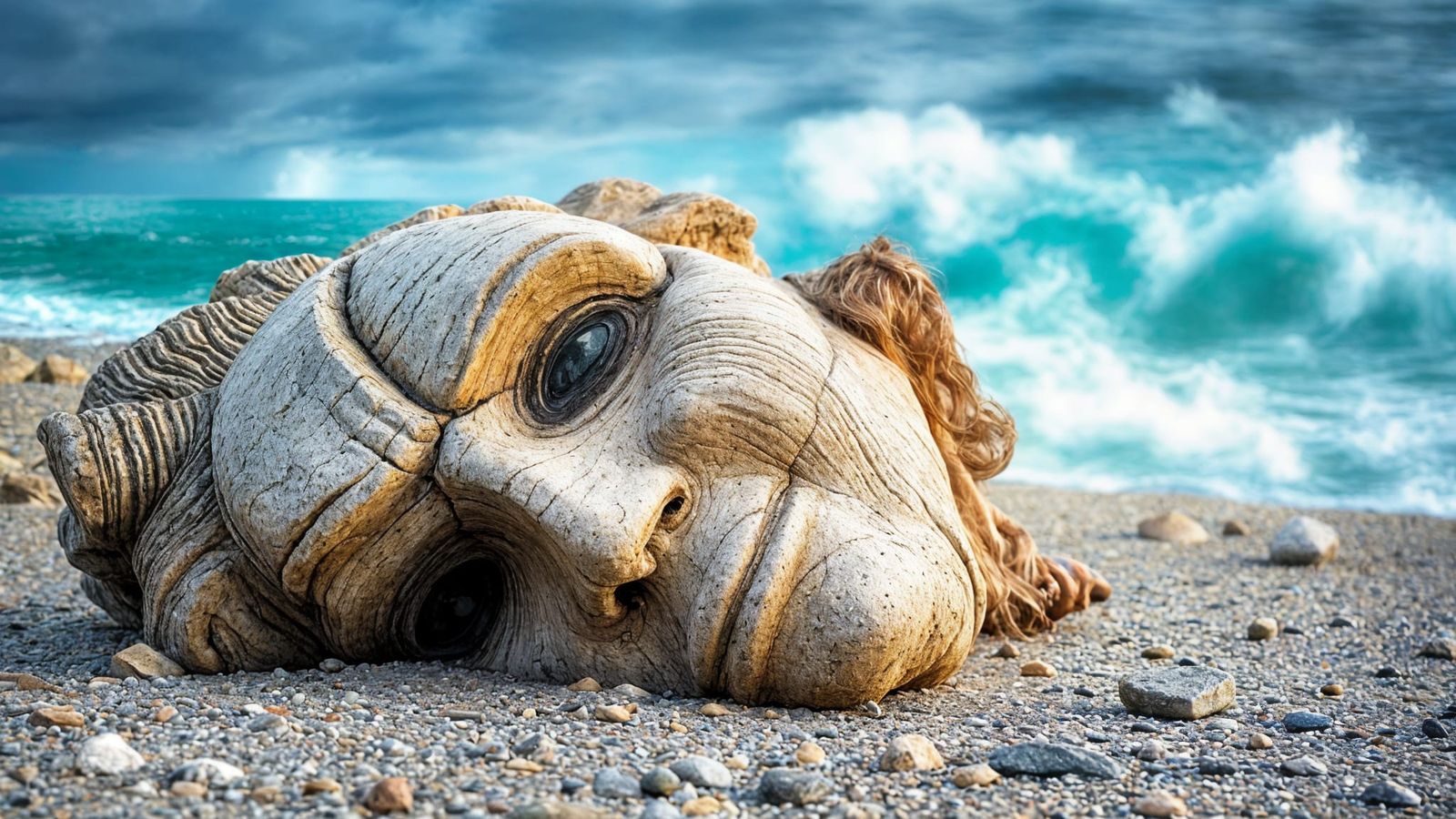 Tigerstone Woman's Face on a Desolate Beach