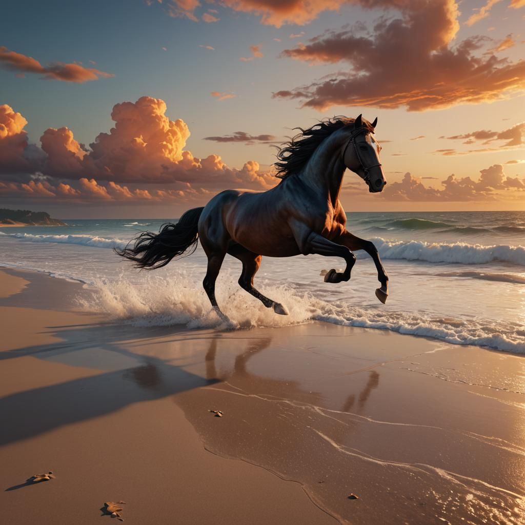 Elegant Horse Galloping on Beach at Sunset