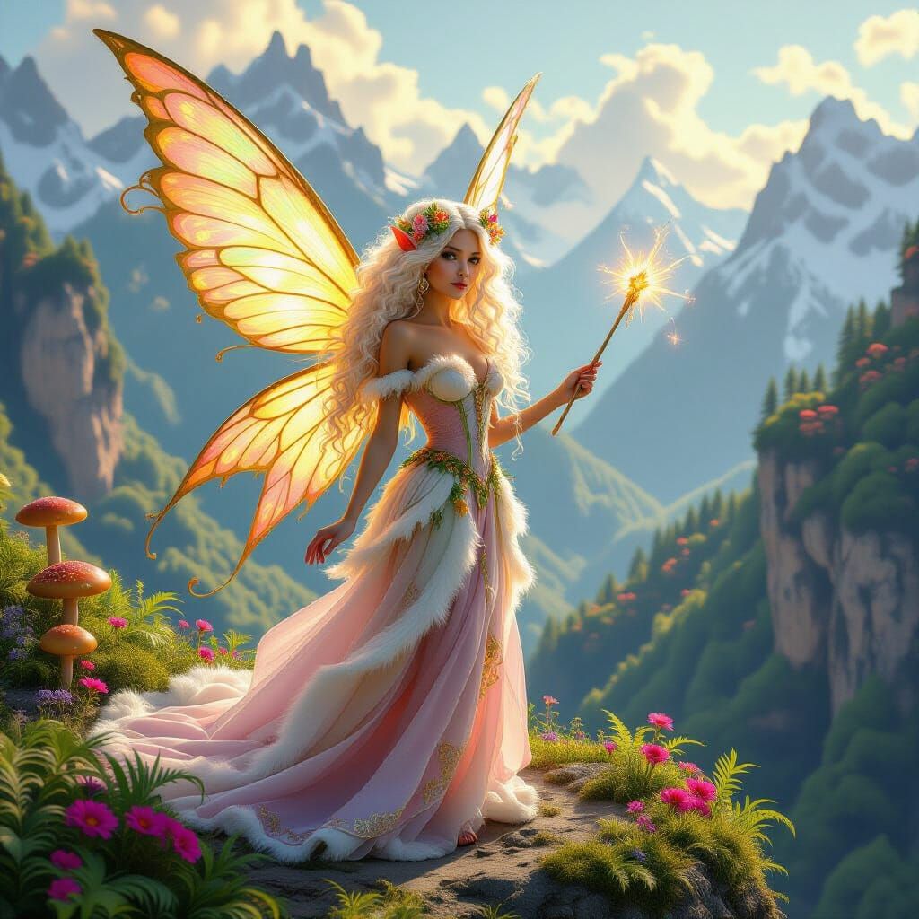 Ethereal Fairy on Cliff Overlooking Ravine in Aurora Light
