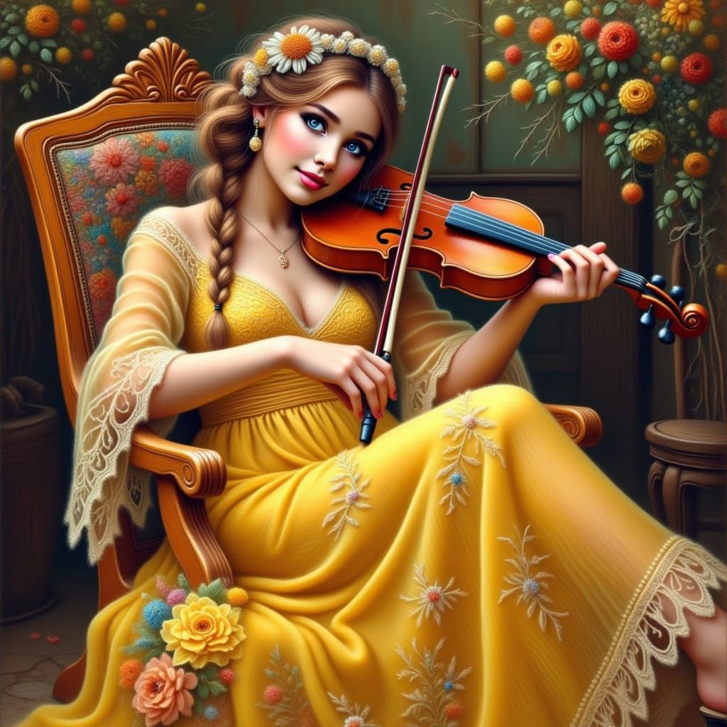 Elegant Woman in Silk Dress with Violin, Alma-Tadema Style