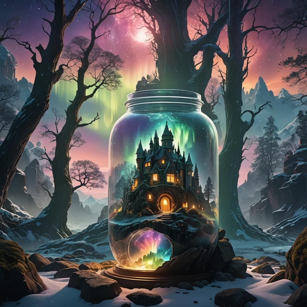 World in Crystal Jar with Aurora Borealis