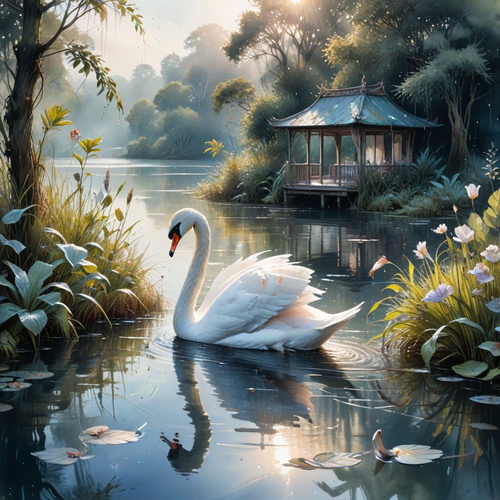 Serene Lakeside Pavilion in Ethereal Watercolour Style