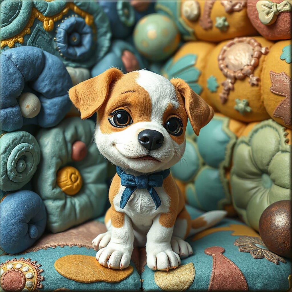 Cute Puppy in Whimsical 3D Patchwork Style
