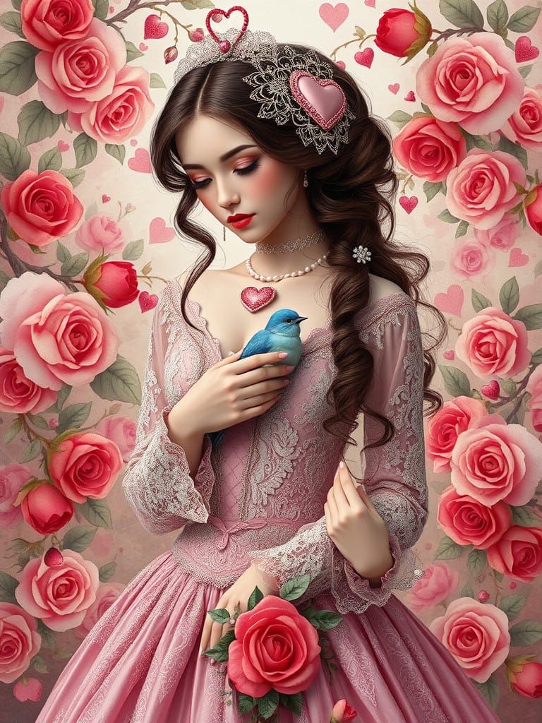 Stunning Victorian-Era Goddess with Love Bird and Roses