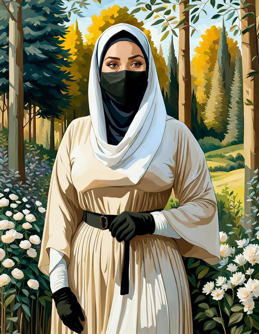 Woman in Hijab and Mask in Forest Garden