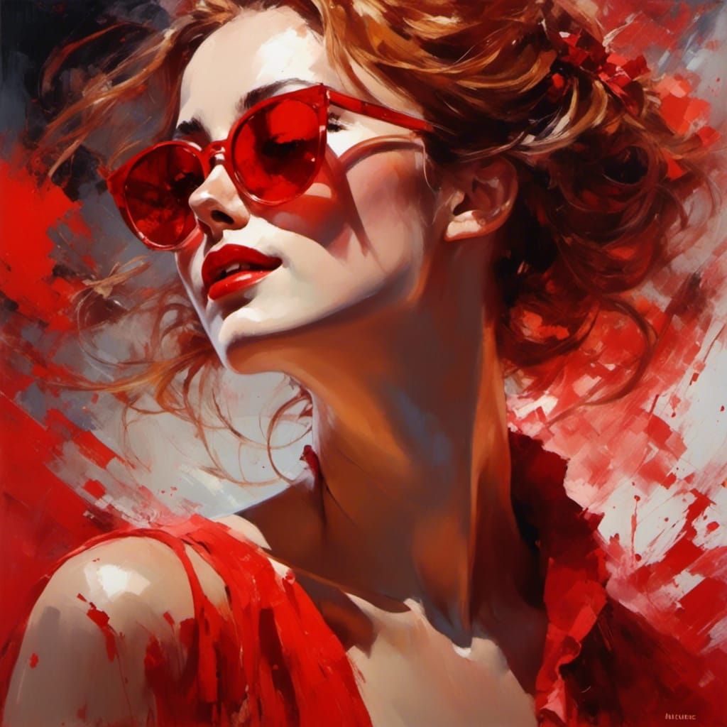 Beautiful Woman with Red Hair and Glasses in Watercolor