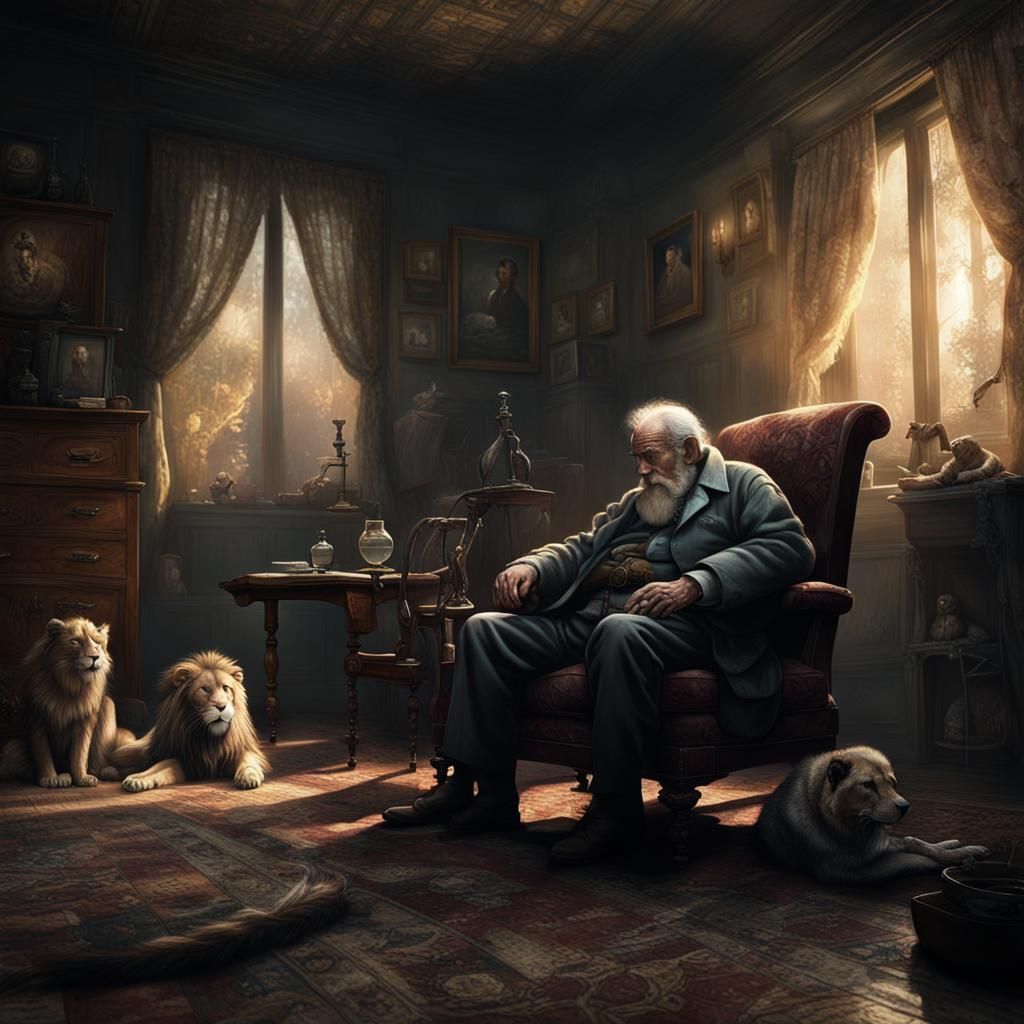Gloomy Old Man and Dog in Dark Fantasy Style