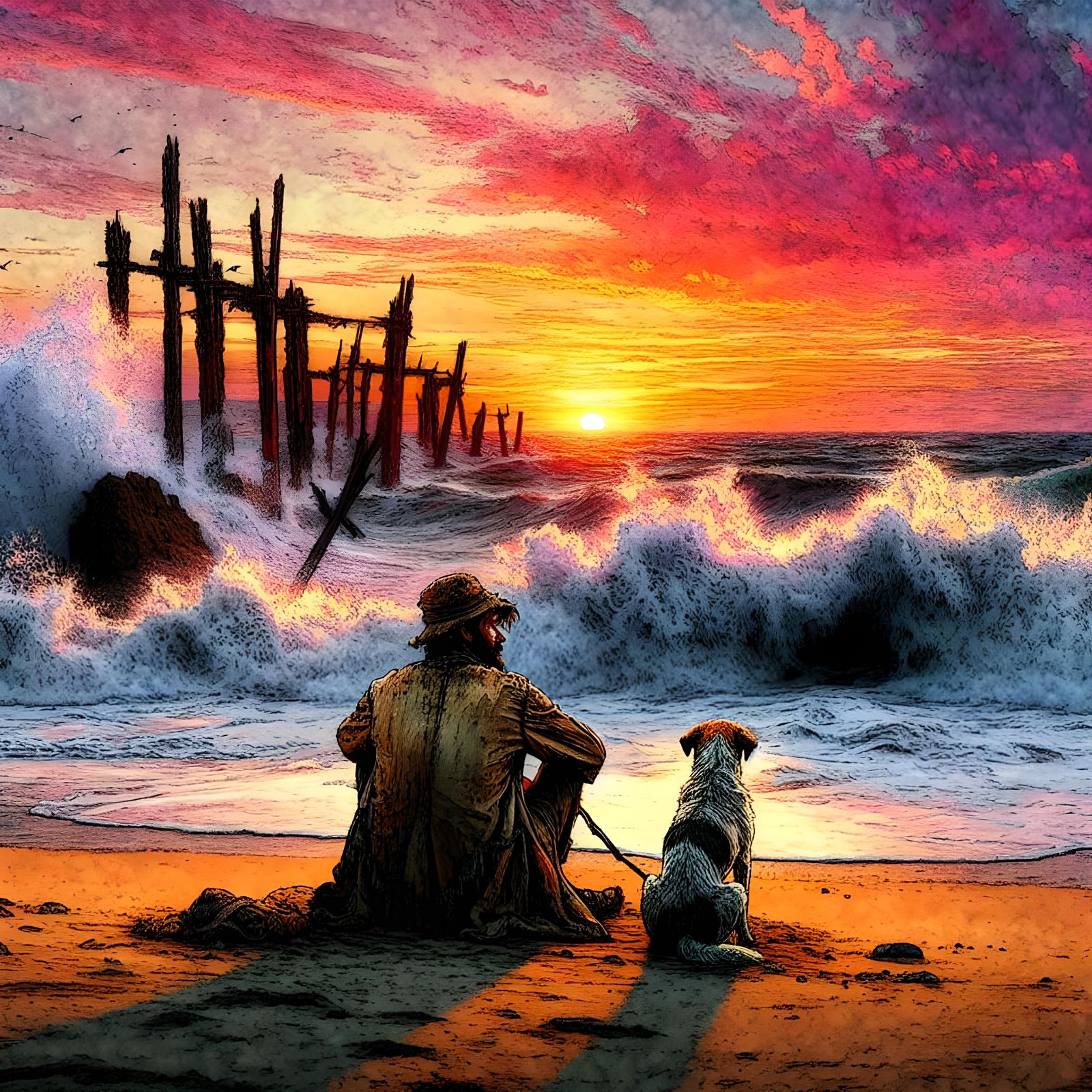 Man and Dog Gaze at Sunset: Impasto Watercolour
