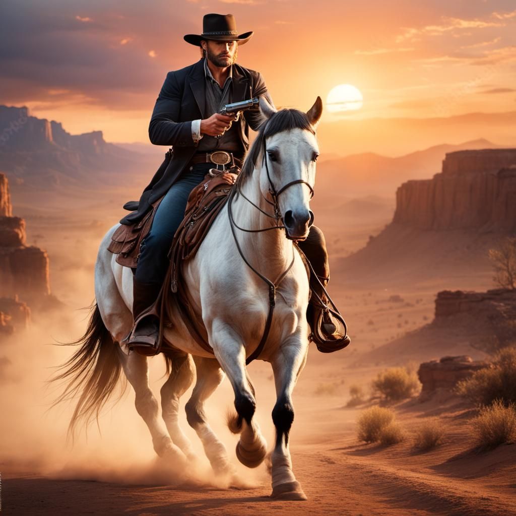 Wild West Outlaw on Horseback at Sunset