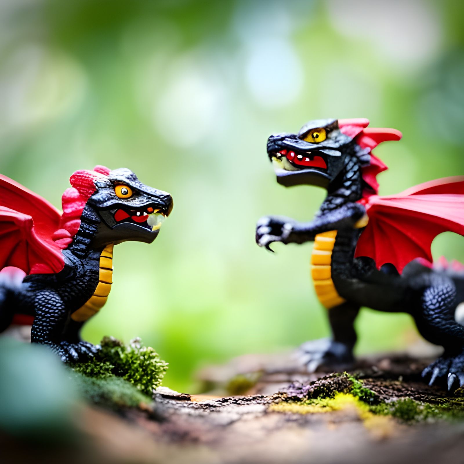 Miniature Toy Dragons Fighting in a Forest