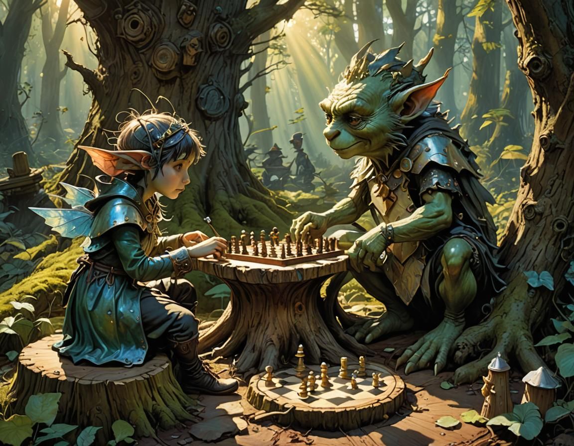 Pixie and Goblin Chess Game in Old Forest
