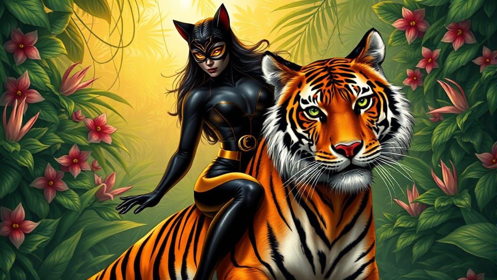 Catwoman Rides Bengal Tiger in Jungle Paradise