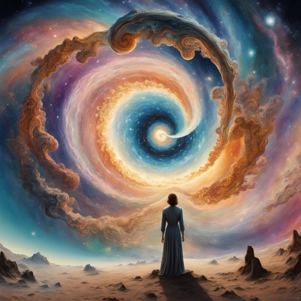 Cosmic Awakening: Figure Emerges from Dreamlike Vortex