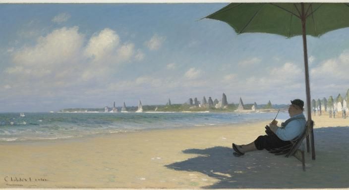Impressionist Figure Relaxing on Beach in Monet Style