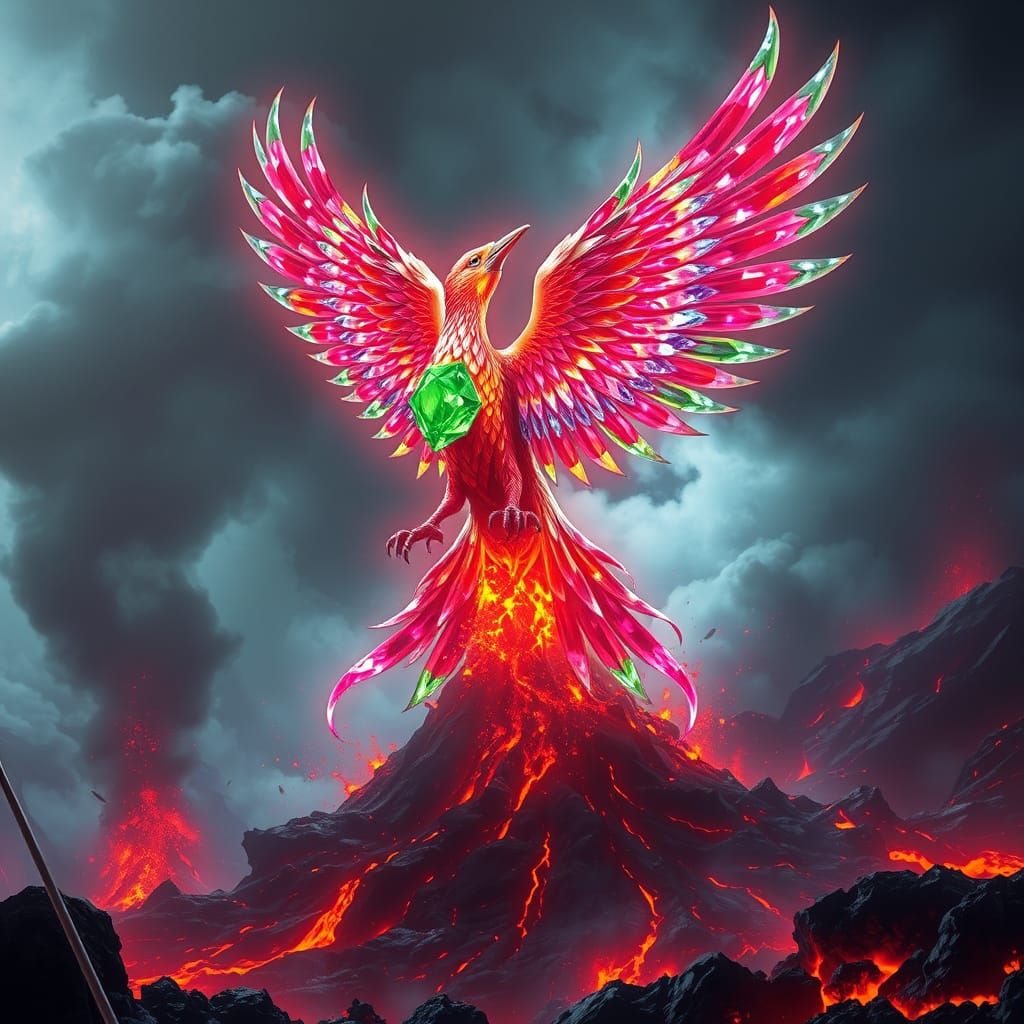 Gemstone Phoenix Rising from Volcanic Eruption