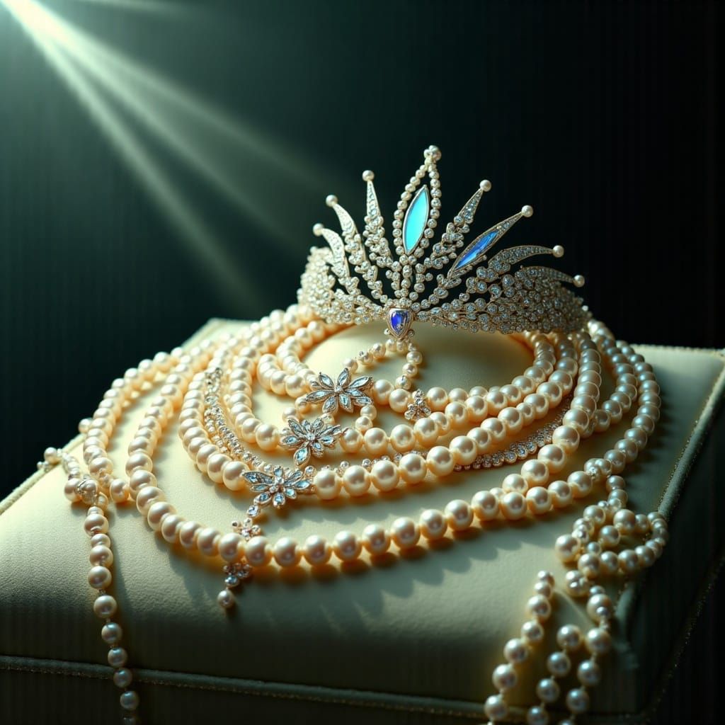 Pearl Necklace, Bracelet, and Diamond Tiara on Velvet