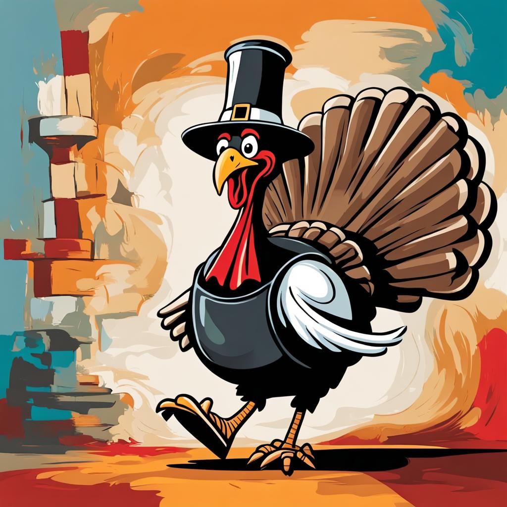 A turkey dressed as a pilgrim running toward a oven with a big smile
