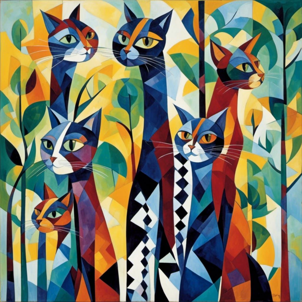 Cubist Cats in Picasso Style with Mixed Media