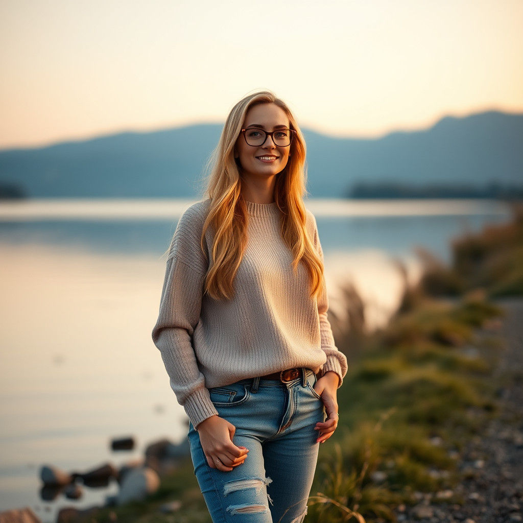 Woman by Lakeshore at Golden Hour: Cinematic Film Still