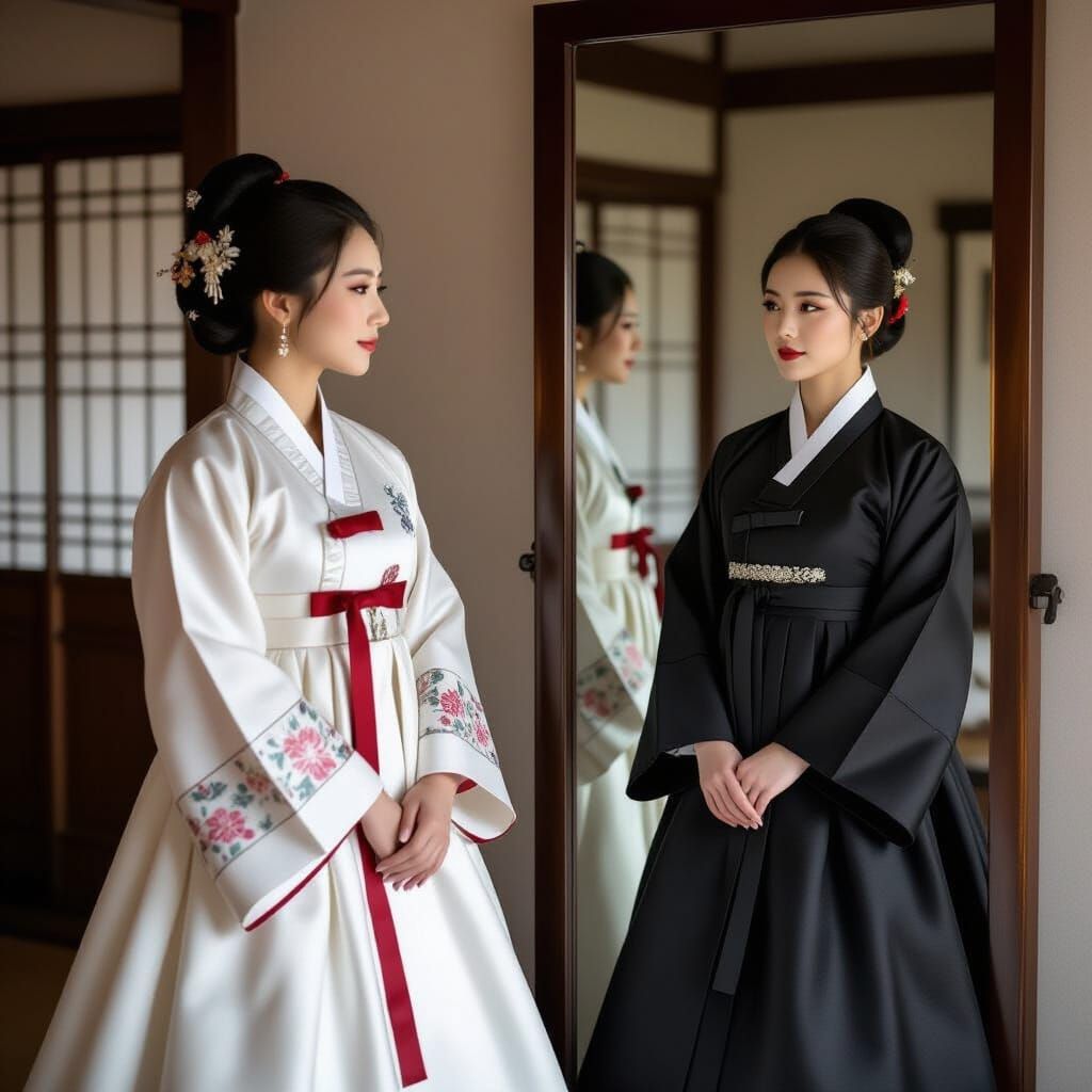 Korean Woman in White Hanbok Sees Black Hanbok Reflection