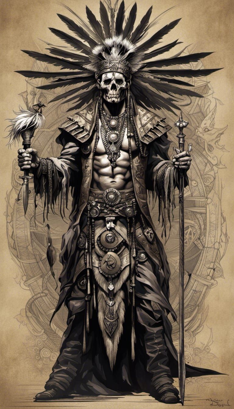 Sketch of Witch Doctor with ceremonial dagger on collage v.2