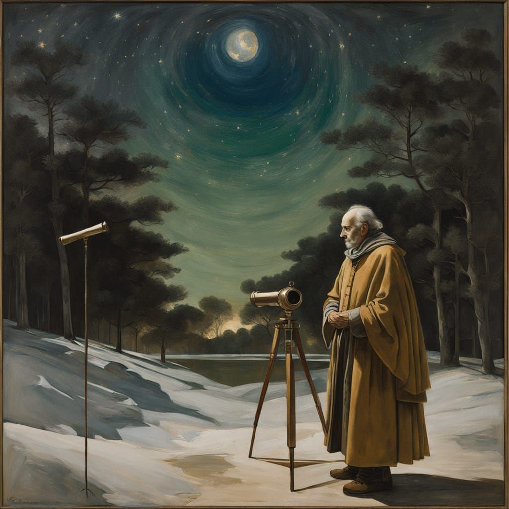 Celestial Night Scene with Glowing Moons and Renaissance Fig...