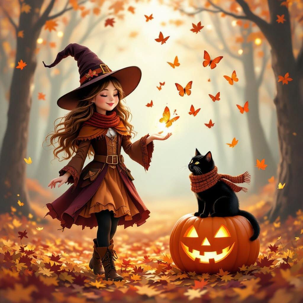 Beautiful Witch and Black Cat in Autumn Forest with Magic
