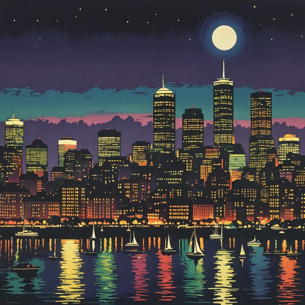 Boston Skyline at Night: Vintage Pop Art Poster