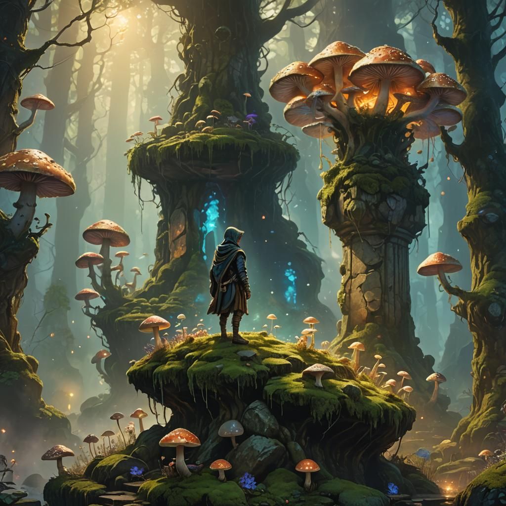 Luminescent Mushrooms Fantasy Scene, Digital Painting
