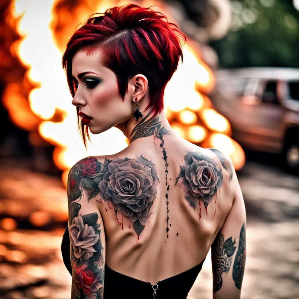 Punk Girl with Tattoos and Tears in a Fiery Scene