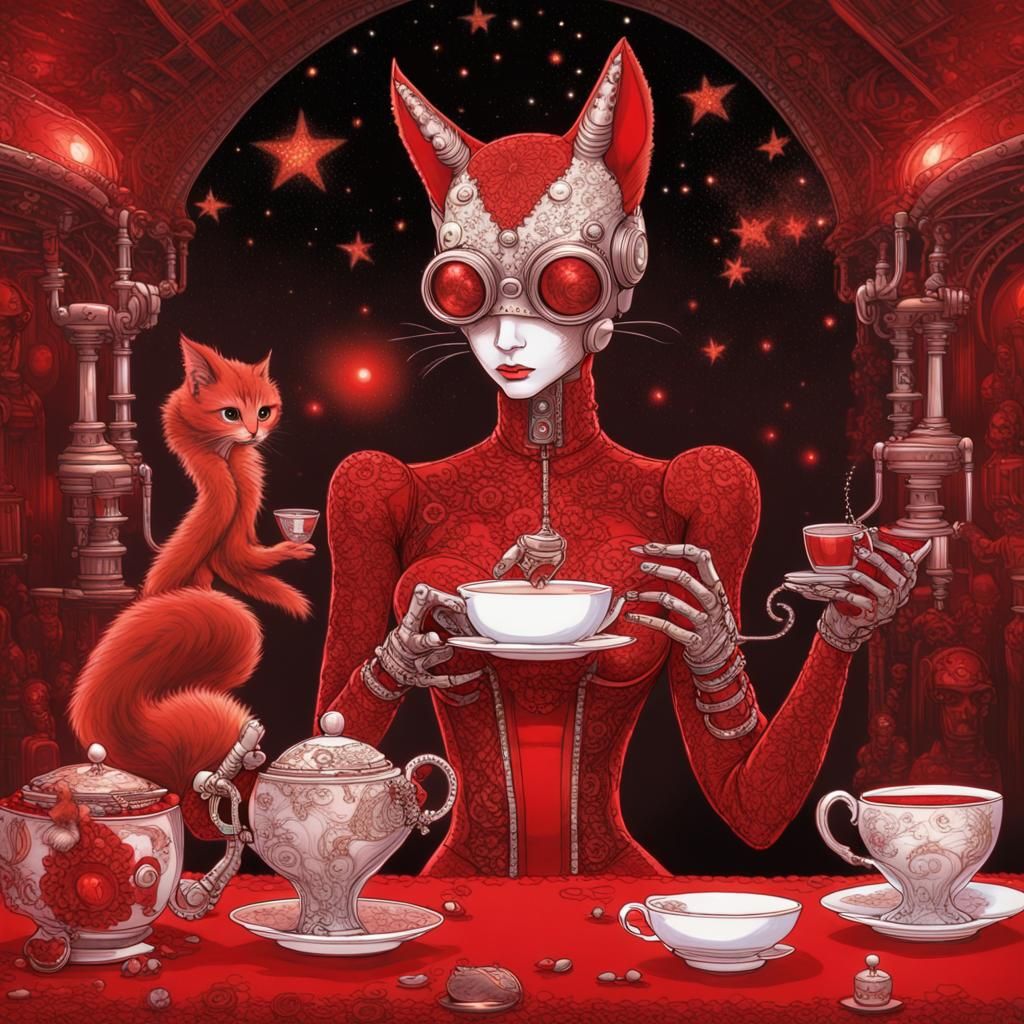 Steampunk Terminator with Kitten at Starry Tea Party