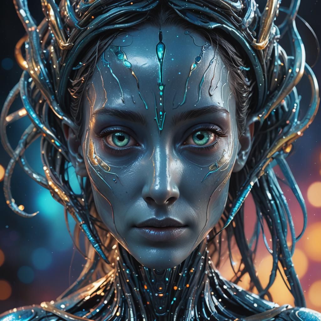 Serene Extraterrestrial Portrait with Iridescent Skin