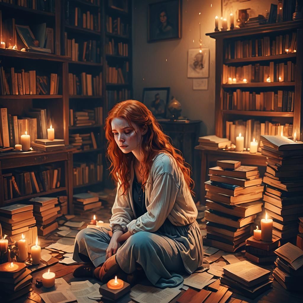 Redhead Crying in Candlelit Room: Fantasy Concept Art