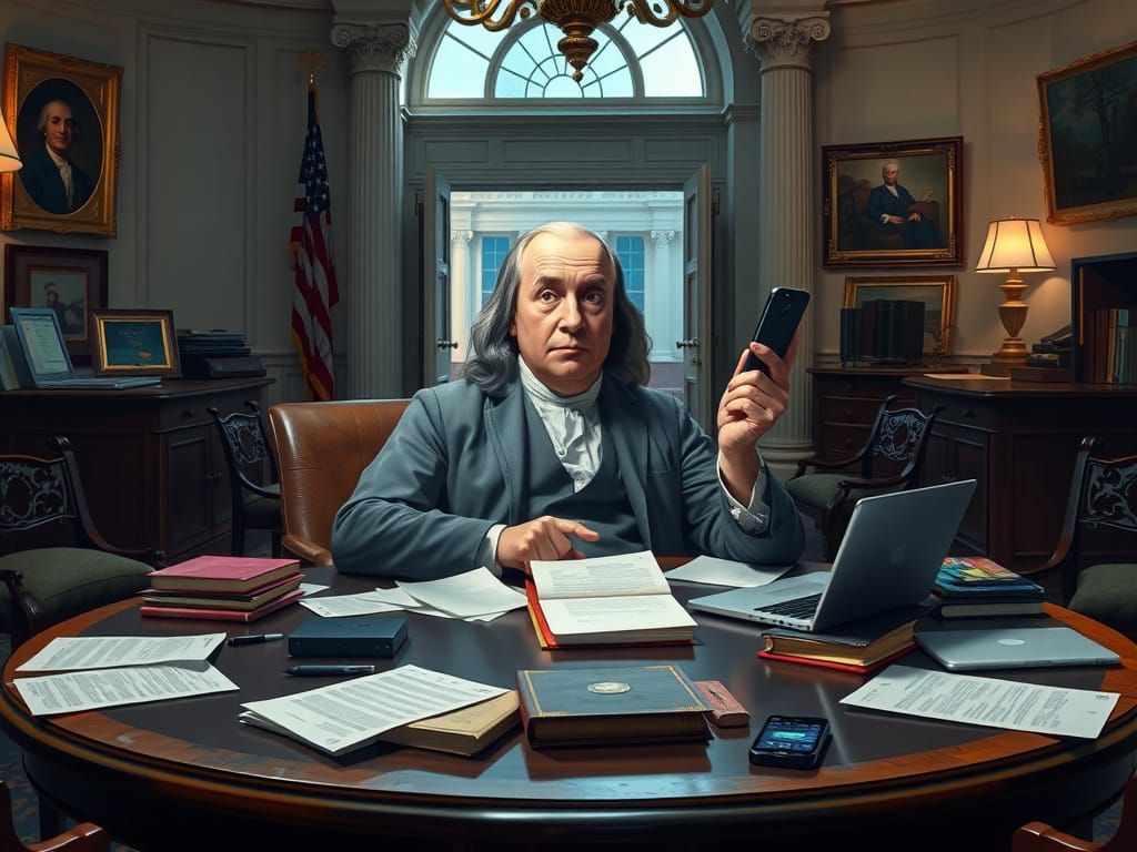 Benjamin Franklin Confused by Modern Technology