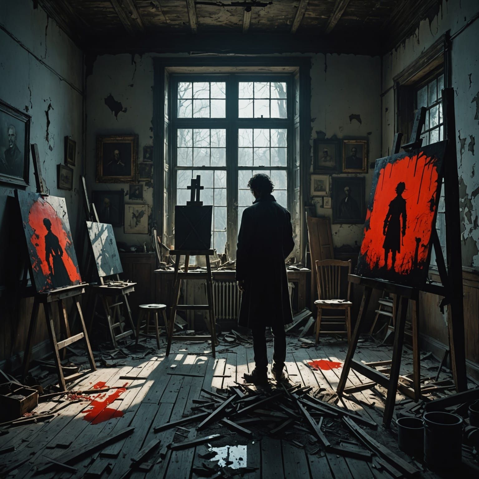 Haunting Silhouette of Artist in Abandoned Studio