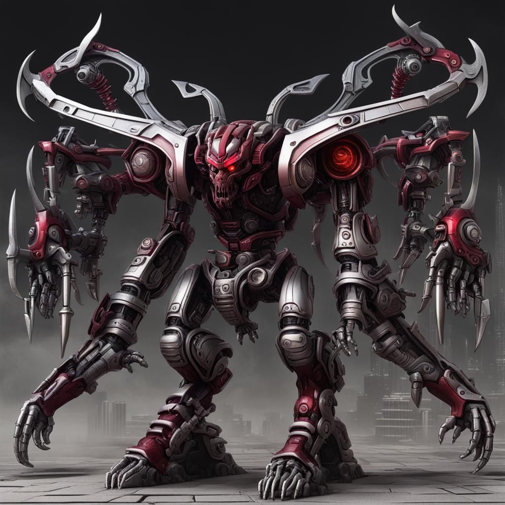 biomechanical minotaur mecha, silver to crimson gradiant, full colour, h.r. giger style