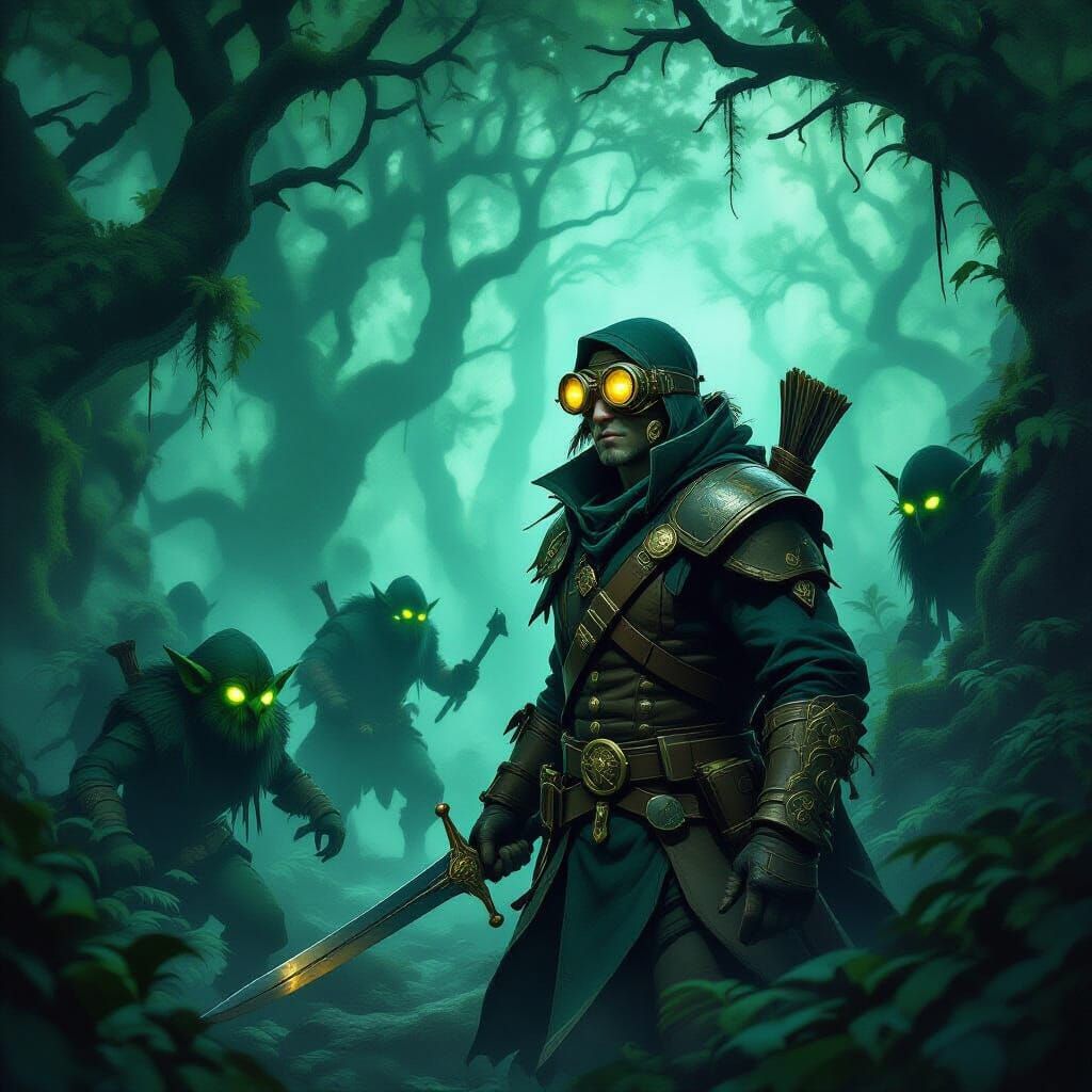 Ethereal Forest Adventure with Glowing-Eyed Goblins