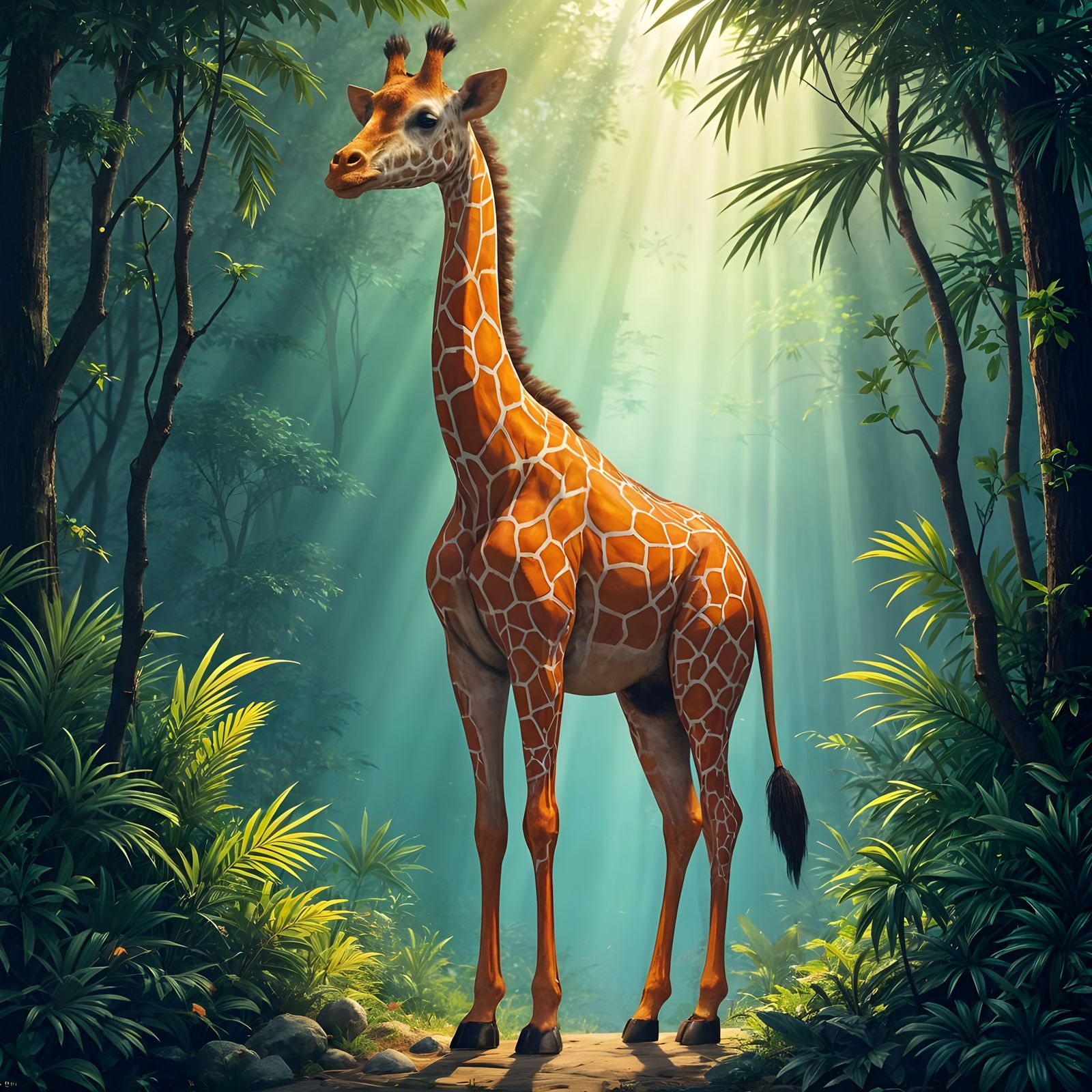 Stained Glass Giraffe in Jungle, Art Nouveau Style