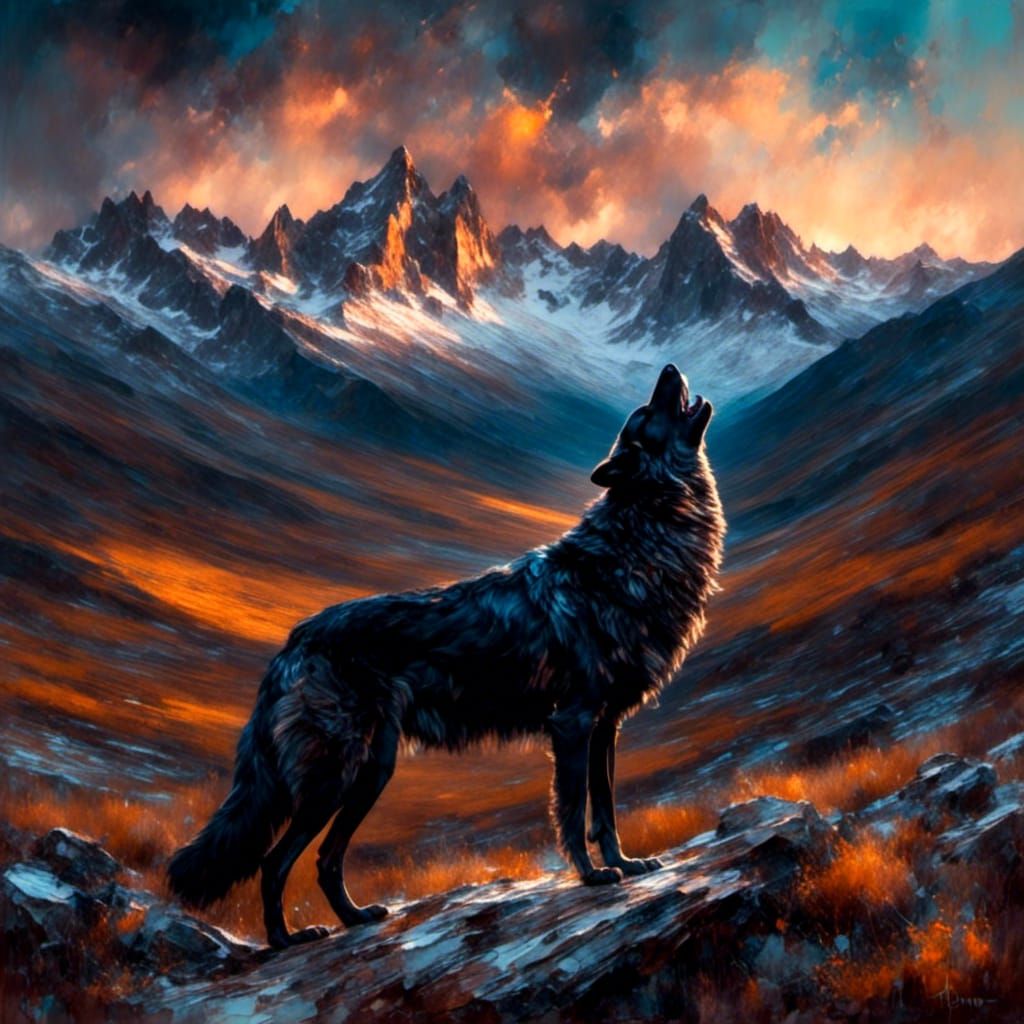 Dramatic Black Wolf Portrait in Mountain Landscape