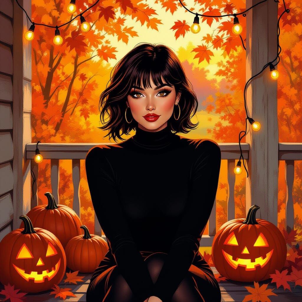 Sassy Lady on Porch in Autumnal Oil Painting