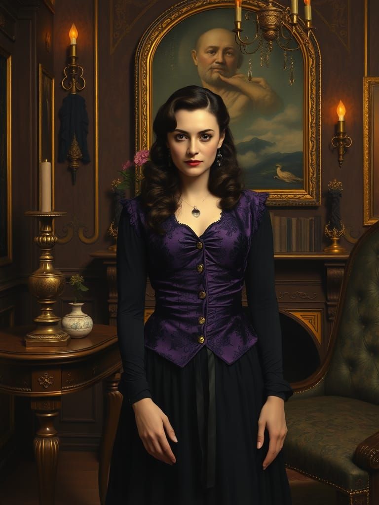 Elegant Occultist Medium in Rich Mystic Room