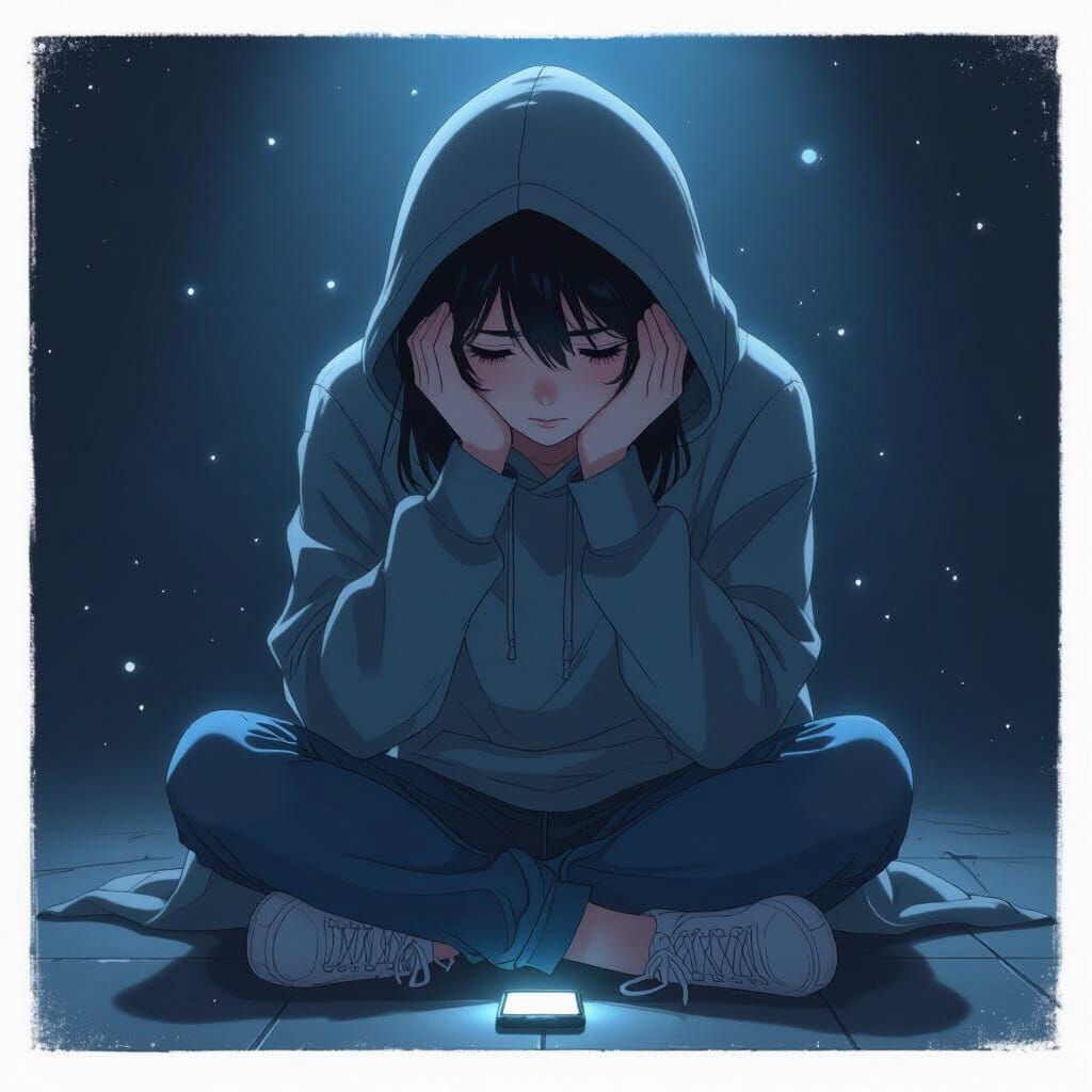 Anime Character in Darkness, Detailed Line Art