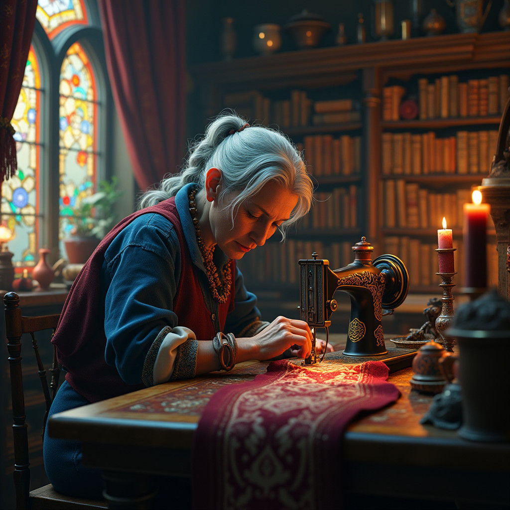 Enchanting Seamstress in Fantasy Chamber: Matte Painting