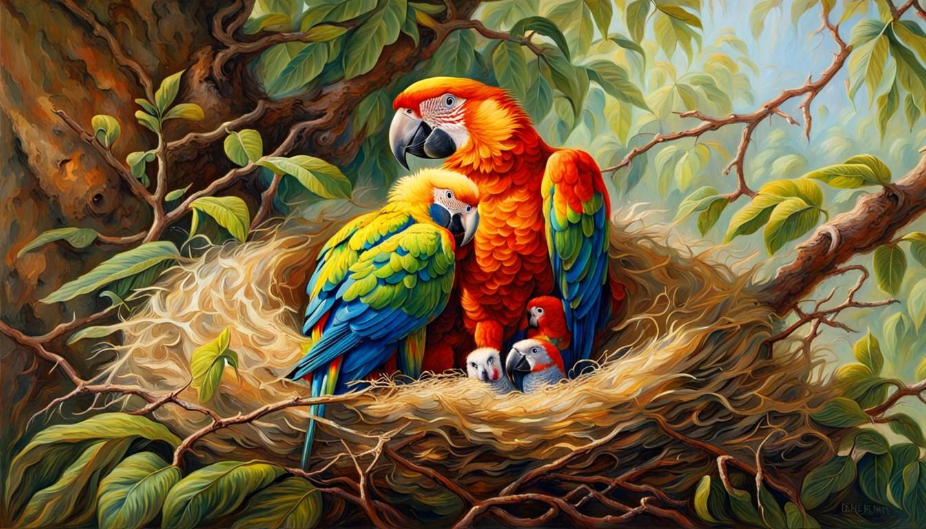 Parrot Feeding Cub in Nest Illustration