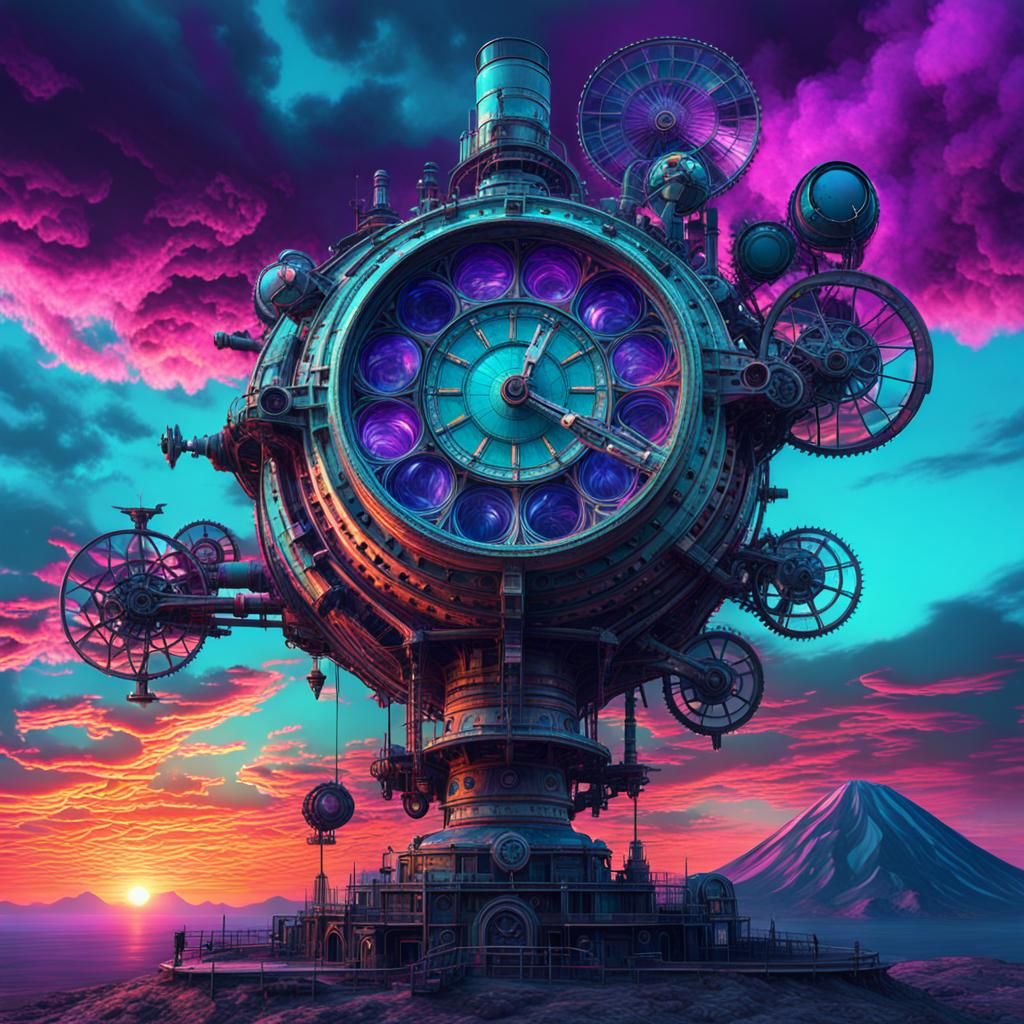 Kaleidoscope Sunset with Steampunk Engine