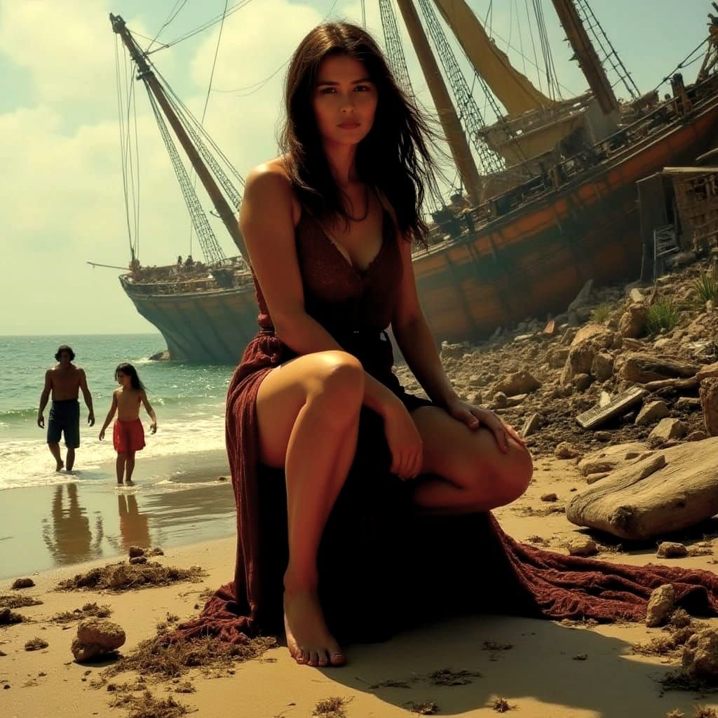 Hyperrealistic Shipwreck Survivors on a Deserted Beach