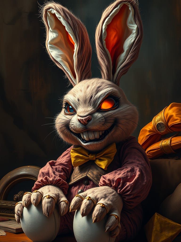 Sinister Grinning Bunny Painting in Metallic Ink Style