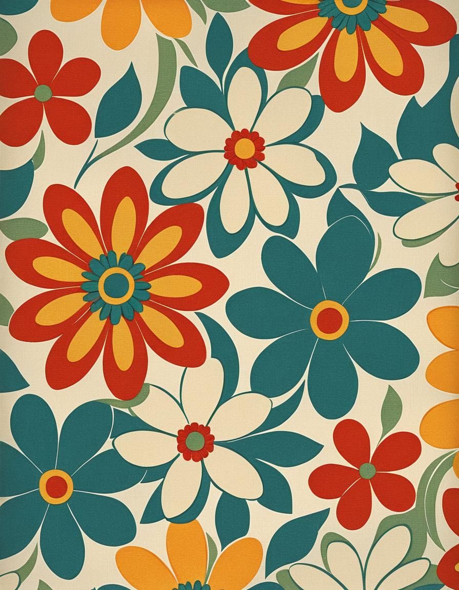 Retro 1970s Floral Design with Wavy Stripes