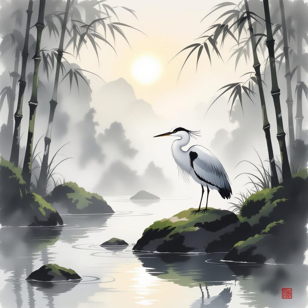 Lone Heron in Misty Mountain Stream - Sumi-e Ink Wash