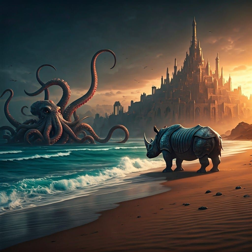Kraken and Rhinoceros Clash on a Turquoise Beach